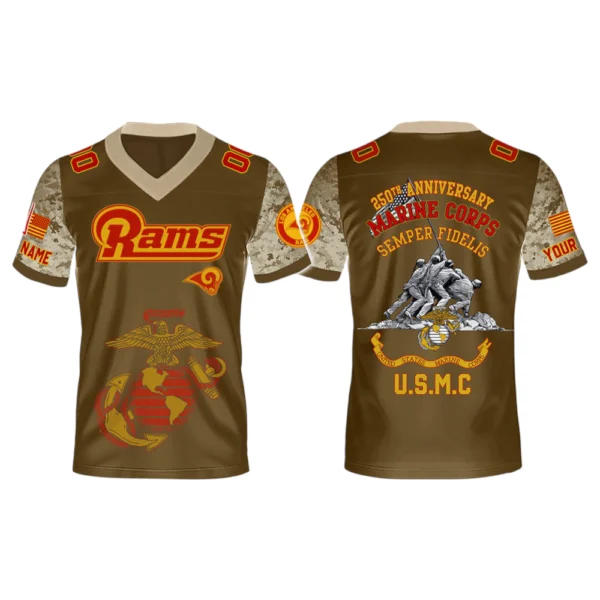Los Angeles Rams x USMC 250th Birthday Celebration V-Neck Short Sleeve Jersey 3D Limited 2026 Custom Name & Number