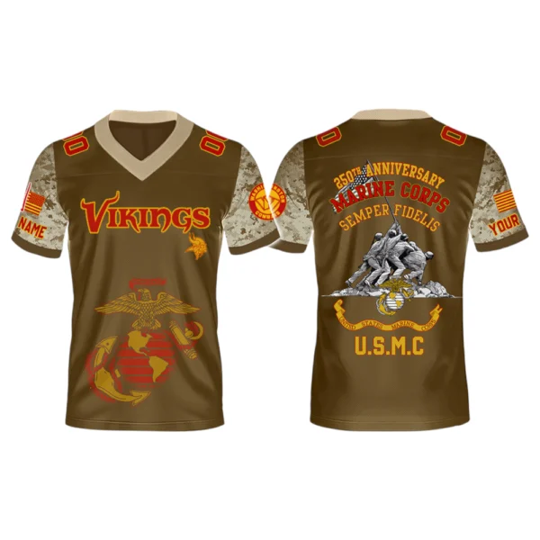 Minnesota Vikings x USMC 250th Birthday Celebration V-Neck Short Sleeve Jersey 3D Limited 2026 Custom Name & Number