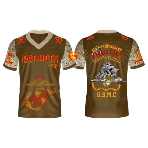 New England Patriots x USMC 250th Birthday Celebration V-Neck Short Sleeve Jersey 3D Limited 2026 Custom Name & Number