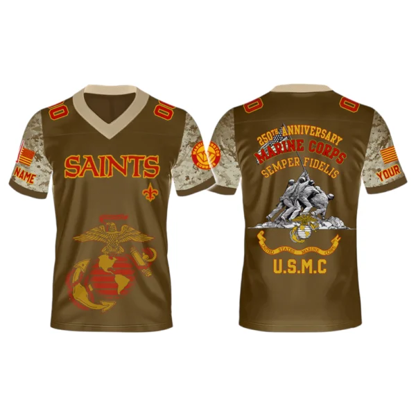 New Orleans Saints x USMC 250th Birthday Celebration V-Neck Short Sleeve Jersey 3D Limited 2026 Custom Name & Number