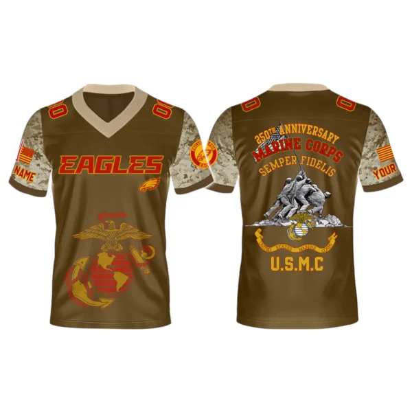 Philadelphia Eagles x USMC 250th Birthday Celebration V-Neck Short Sleeve Jersey 3D Limited 2026 Custom Name & Number