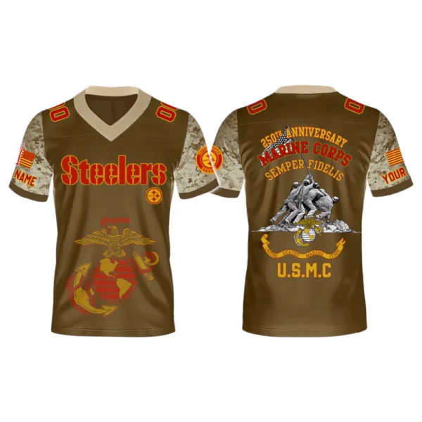 Pittsburgh Steelers x USMC 250th Birthday Celebration V-Neck Short Sleeve Jersey 3D Limited 2026 Custom Name & Number