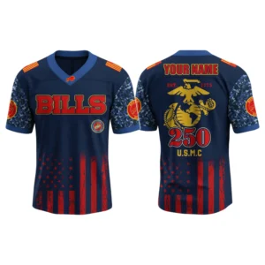 Buffalo Bills x US USMC 250th Birthday V-Neck Short Sleeve Jersey 3D Limited 2026 Custom Name
