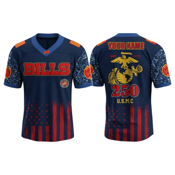 Buffalo Bills x US USMC 250th Birthday V-Neck Short Sleeve Jersey 3D Limited 2026 Custom Name