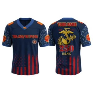 Baltimore Ravens x US USMC 250th Birthday V-Neck Short Sleeve Jersey 3D Limited 2026 Custom Name