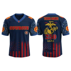 Dallas Cowboys x US USMC 250th Birthday V-Neck Short Sleeve Jersey 3D Limited 2026 Custom Name