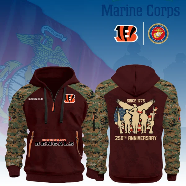 Cincinnati Bengals x Marine Corps 250th Anniversary 3D Half Zip Hoodie Custom Text