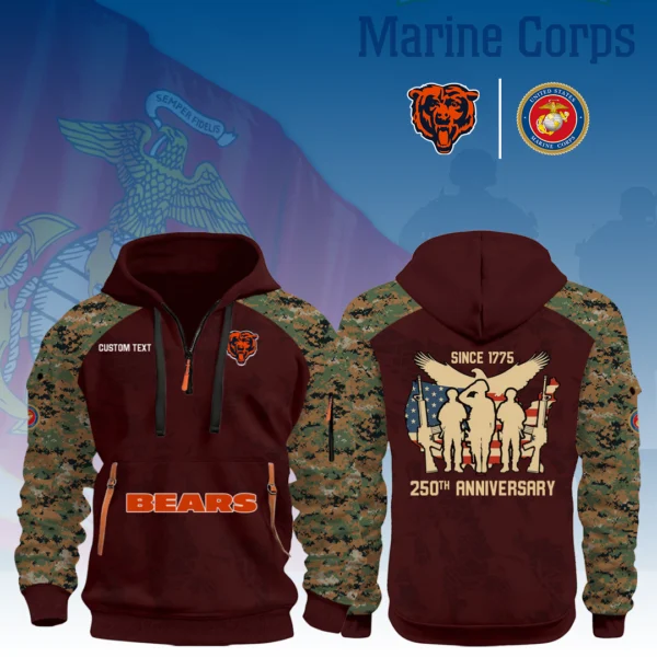 Chicago Bears x Marine Corps 250th Anniversary 3D Half Zip Hoodie Custom Text