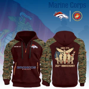 Denver Broncos x Marine Corps 250th Anniversary 3D Half Zip Hoodie Custom Text