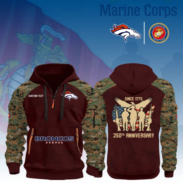 Denver Broncos x Marine Corps 250th Anniversary 3D Half Zip Hoodie Custom Text