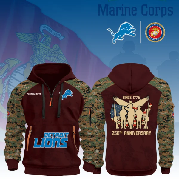 Detroit Lions x Marine Corps 250th Anniversary 3D Half Zip Hoodie Custom Text