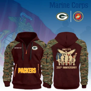 Green Bay Packers x Marine Corps 250th Anniversary 3D Half Zip Hoodie Custom Text