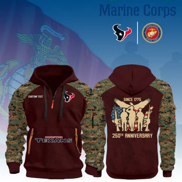 Houston Texans x Marine Corps 250th Anniversary 3D Half Zip Hoodie Custom Text