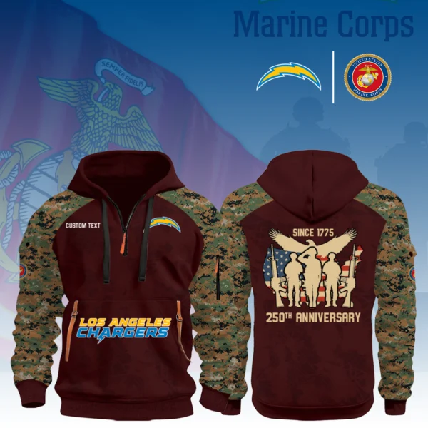 Los Angeles Chargers x Marine Corps 250th Anniversary 3D Half Zip Hoodie Custom Text