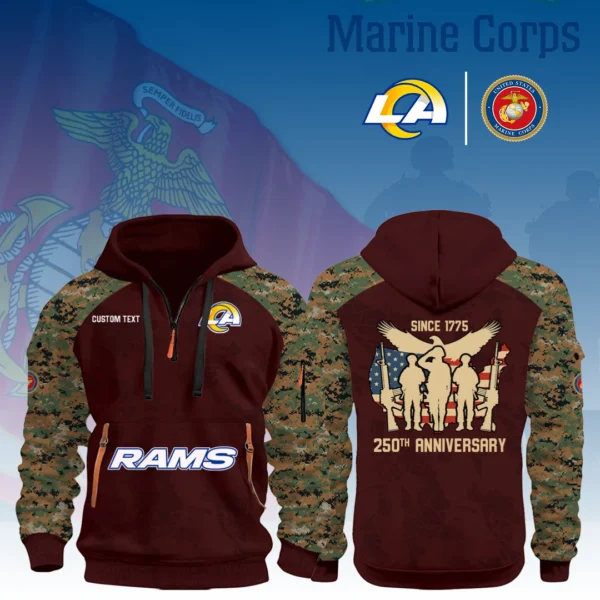 Los Angeles Rams x Marine Corps 250th Anniversary 3D Half Zip Hoodie Custom Text