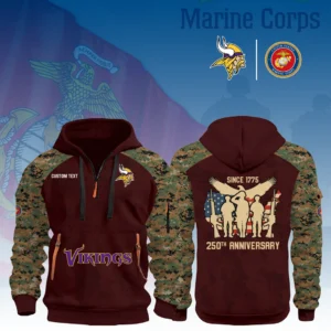 Minnesota Vikings x Marine Corps 250th Anniversary 3D Half Zip Hoodie Custom Text