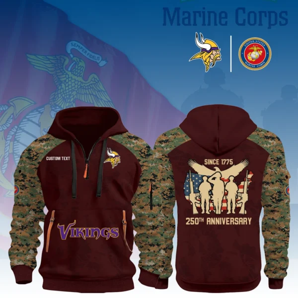 Minnesota Vikings x Marine Corps 250th Anniversary 3D Half Zip Hoodie Custom Text