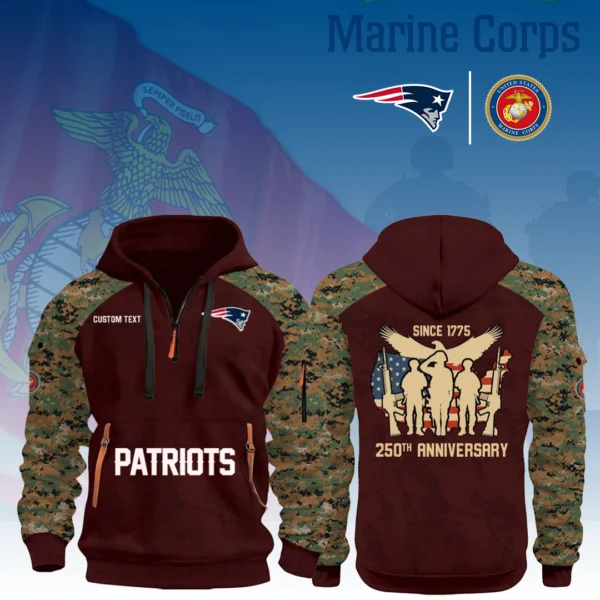 New England Patriots x Marine Corps 250th Anniversary 3D Half Zip Hoodie Custom Text