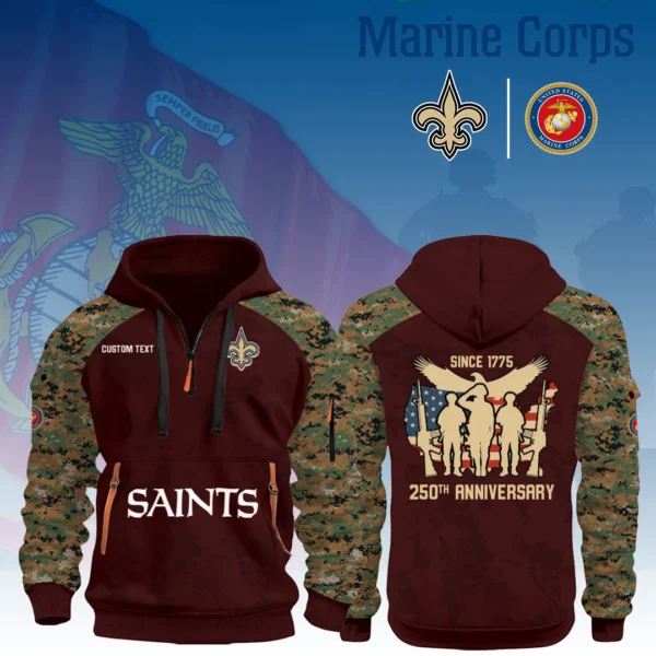 New Orleans Saints x Marine Corps 250th Anniversary 3D Half Zip Hoodie Custom Text
