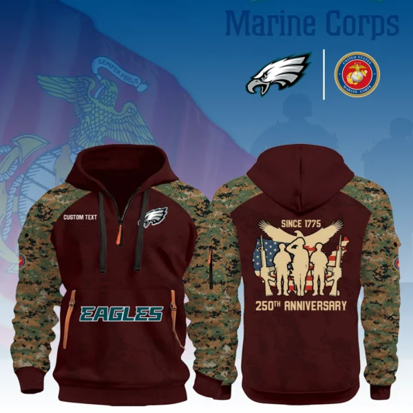 Philadelphia Eagles x Marine Corps 250th Anniversary 3D Half Zip Hoodie Custom Text
