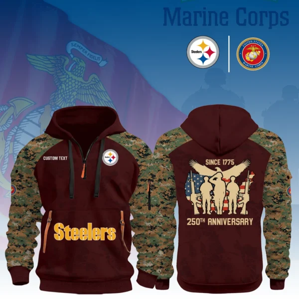 Pittsburgh Steelers x Marine Corps 250th Anniversary 3D Half Zip Hoodie Custom Text