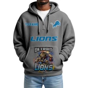 Detroit Lions x Mascot Quarter-Zip Waffle Knit Hoodie Custom Your Name
