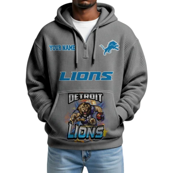 Detroit Lions x Mascot Quarter-Zip Waffle Knit Hoodie Custom Your Name