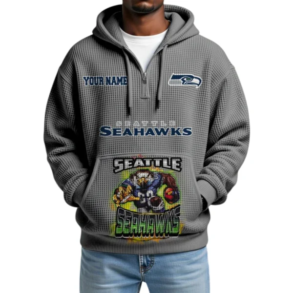 Seattle Seahawks x Mascot Quarter-Zip Waffle Knit Hoodie Custom Your Name