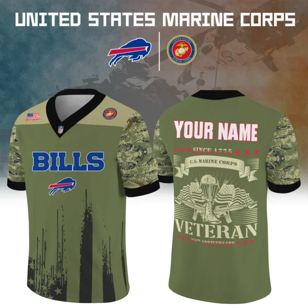 Buffalo Bills x US Marine Corps 250th Anniversary V-Neck Short Sleeve Jersey 3D Limited 2026 Custom Your Name