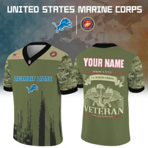 Detroit Lions x US Marine Corps 250th Anniversary V-Neck Short Sleeve Jersey 3D Limited 2026 Custom Your Name