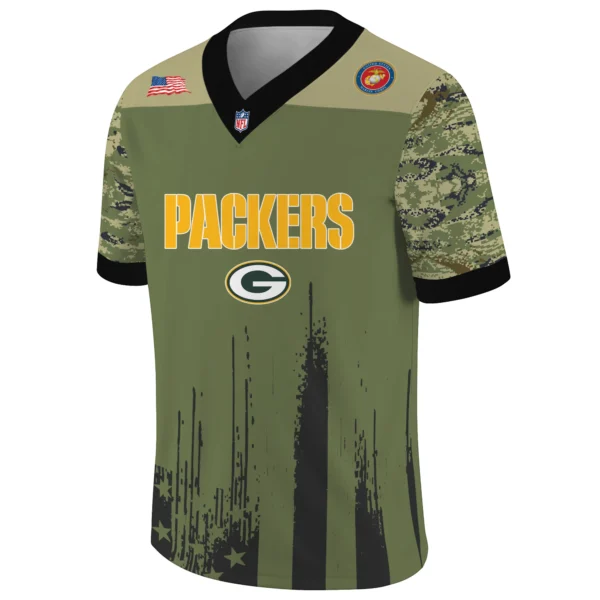 Green Bay Packers x US Marine Corps 250th Anniversary V-Neck Short Sleeve Jersey 3D Limited 2026 Custom Your Name