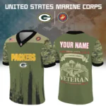 Green Bay Packers x US Marine Corps 250th Anniversary V-Neck Short Sleeve Jersey 3D Limited 2026 Custom Your Name