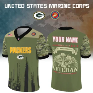 Green Bay Packers x US Marine Corps 250th Anniversary V-Neck Short Sleeve Jersey 3D Limited 2026 Custom Your Name