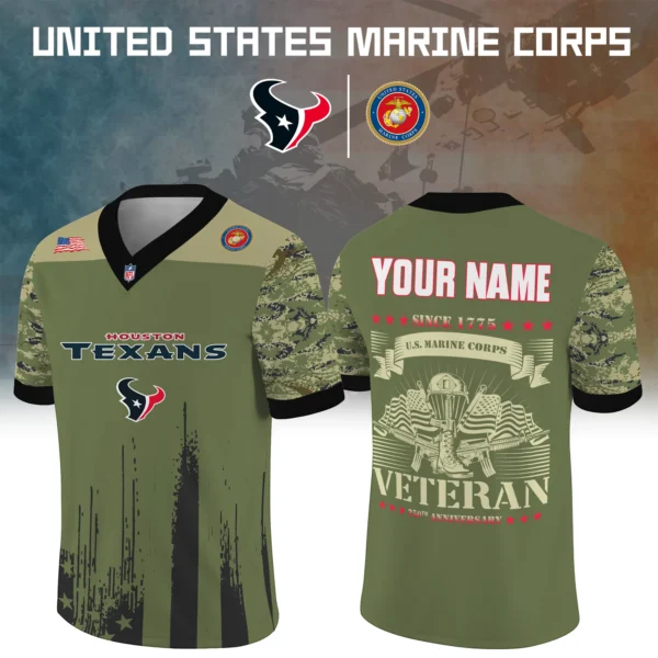 Houston Texans x US Marine Corps 250th Anniversary V-Neck Short Sleeve Jersey 3D Limited 2026 Custom Your Name