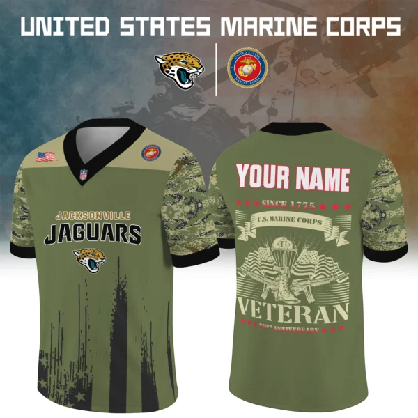 Jacksonville Jaguars x US Marine Corps 250th Anniversary V-Neck Short Sleeve Jersey 3D Limited 2026 Custom Your Name