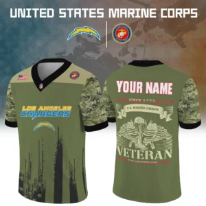 Los Angeles Chargers x US Marine Corps 250th Anniversary V-Neck Short Sleeve Jersey 3D Limited 2026 Custom Your Name