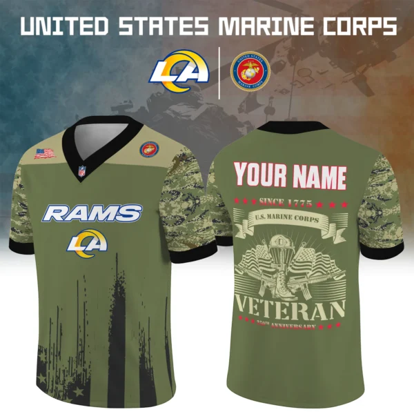 Los Angeles Rams x US Marine Corps 250th Anniversary V-Neck Short Sleeve Jersey 3D Limited 2026 Custom Your Name