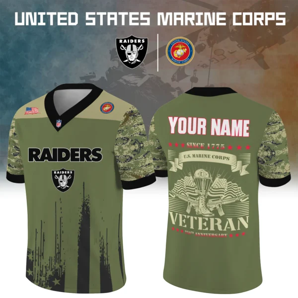 Las Vegas Raiders x US Marine Corps 250th Anniversary V-Neck Short Sleeve Jersey 3D Limited 2026 Custom Your Name
