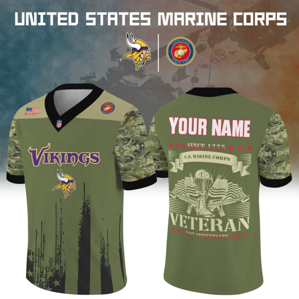 Minnesota Vikings x US Marine Corps 250th Anniversary V-Neck Short Sleeve Jersey 3D Limited 2026 Custom Your Name