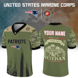 New England Patriots x US Marine Corps 250th Anniversary V-Neck Short Sleeve Jersey 3D Limited 2026 Custom Your Name