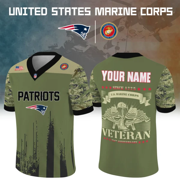 New England Patriots x US Marine Corps 250th Anniversary V-Neck Short Sleeve Jersey 3D Limited 2026 Custom Your Name