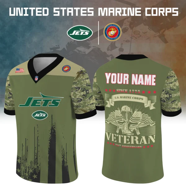 New York Jets x US Marine Corps 250th Anniversary V-Neck Short Sleeve Jersey 3D Limited 2026 Custom Your Name