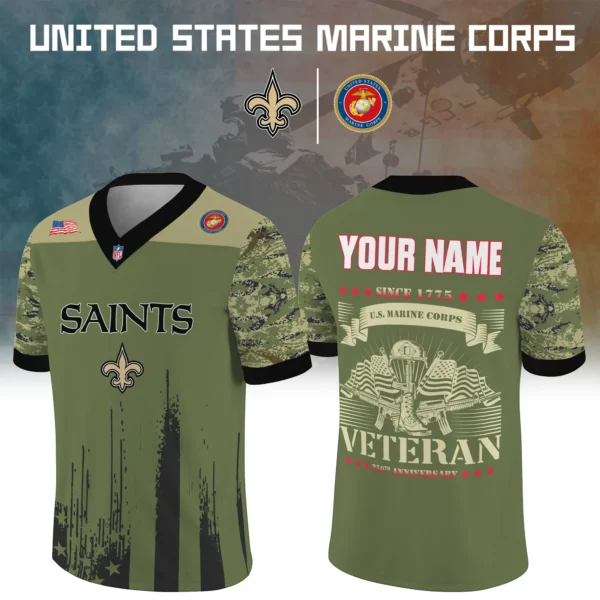 New Orleans Saints x US Marine Corps 250th Anniversary V-Neck Short Sleeve Jersey 3D Limited 2026 Custom Your Name