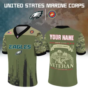 Philadelphia Eagles x US Marine Corps 250th Anniversary V-Neck Short Sleeve Jersey 3D Limited 2026 Custom Your Name