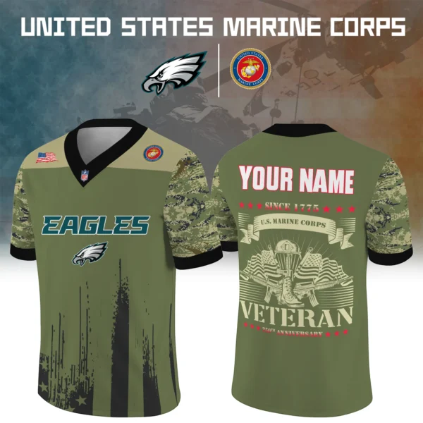 Philadelphia Eagles x US Marine Corps 250th Anniversary V-Neck Short Sleeve Jersey 3D Limited 2026 Custom Your Name