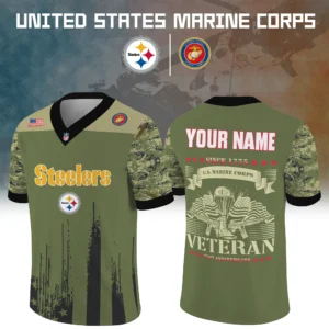 Pittsburgh Steelers x US Marine Corps 250th Anniversary V-Neck Short Sleeve Jersey 3D Limited 2026 Custom Your Name