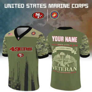 San Francisco 49ers x US Marine Corps 250th Anniversary V-Neck Short Sleeve Jersey 3D Limited 2026 Custom Your Name