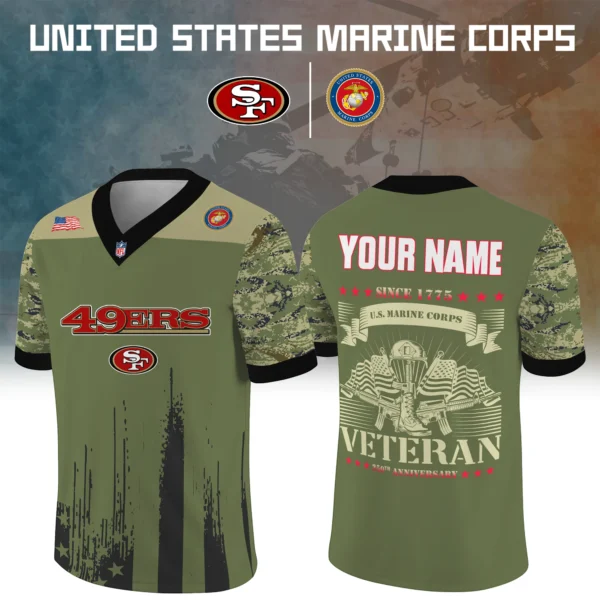 San Francisco 49ers x US Marine Corps 250th Anniversary V-Neck Short Sleeve Jersey 3D Limited 2026 Custom Your Name