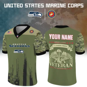 Seattle Seahawks x US Marine Corps 250th Anniversary V-Neck Short Sleeve Jersey 3D Limited 2026 Custom Your Name