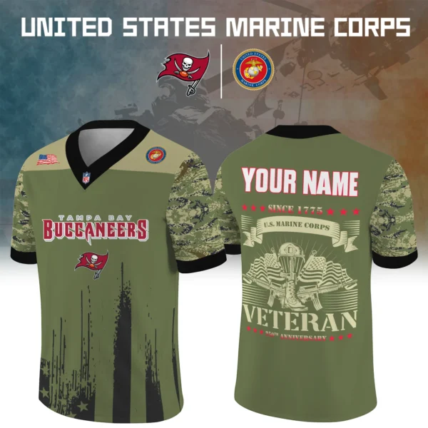 Tampa Bay Buccaneers x US Marine Corps 250th Anniversary V-Neck Short Sleeve Jersey 3D Limited 2026 Custom Your Name